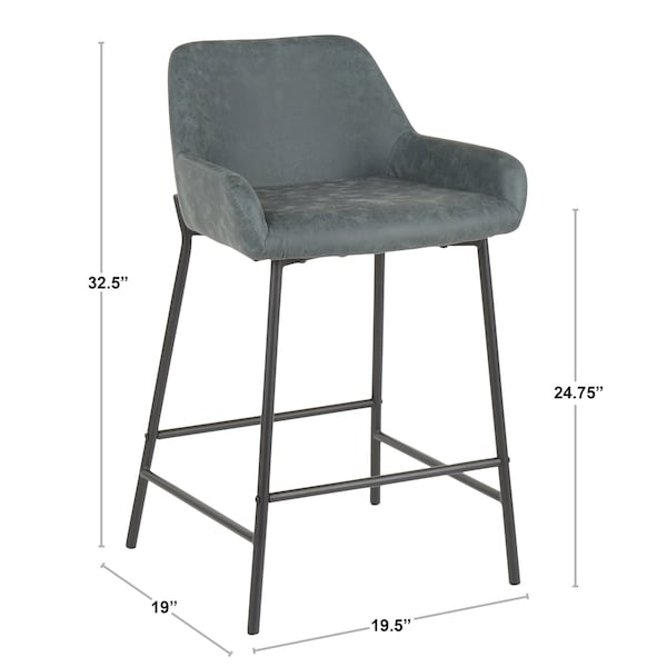 Daniella Counter Stool In Black Metal And Grey Faux Leather, PK 2